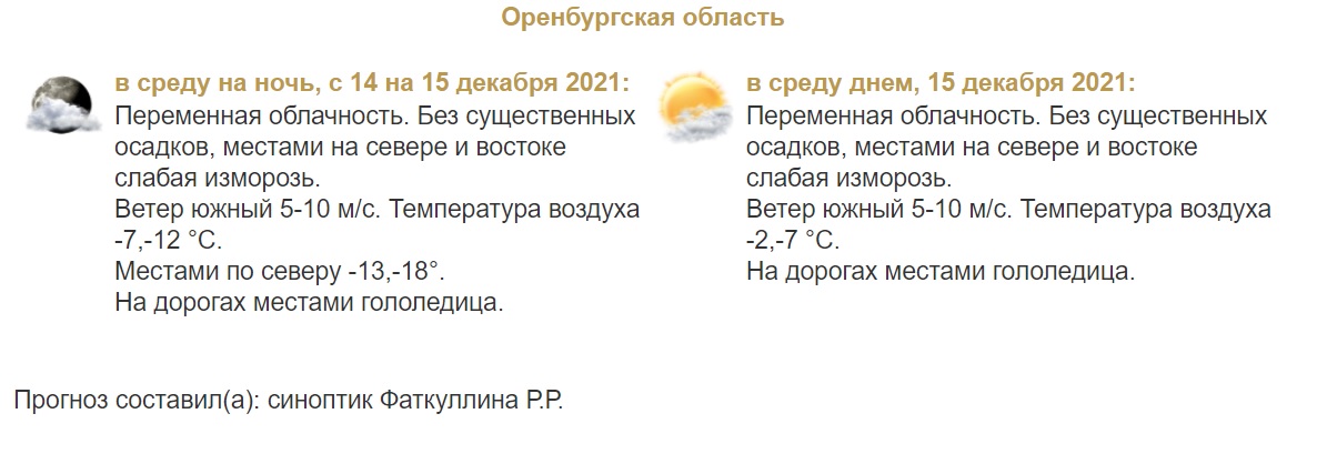 Прогноз погоды в Оренбуржье на 15 декабря