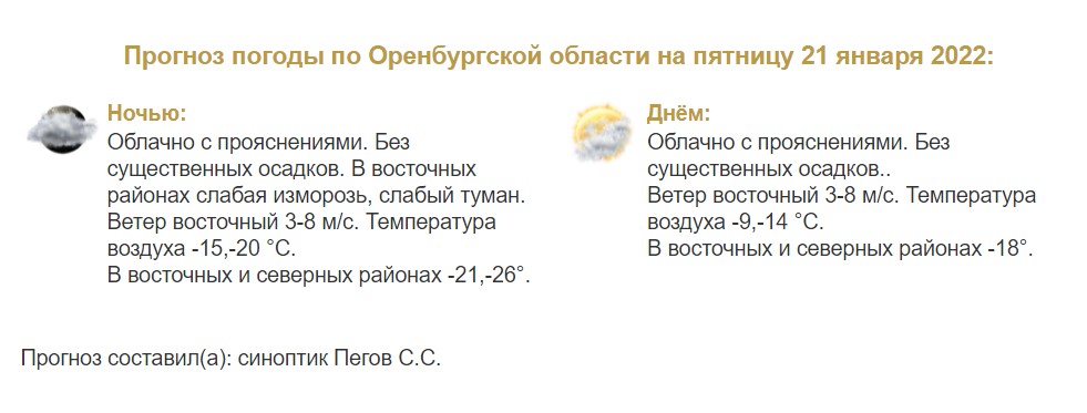 В Оренбуржье 21 января прогнозируют мороз до -26 °C