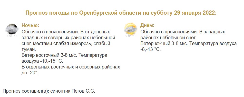 Прогноз погоды в Оренбургской области на 29 января